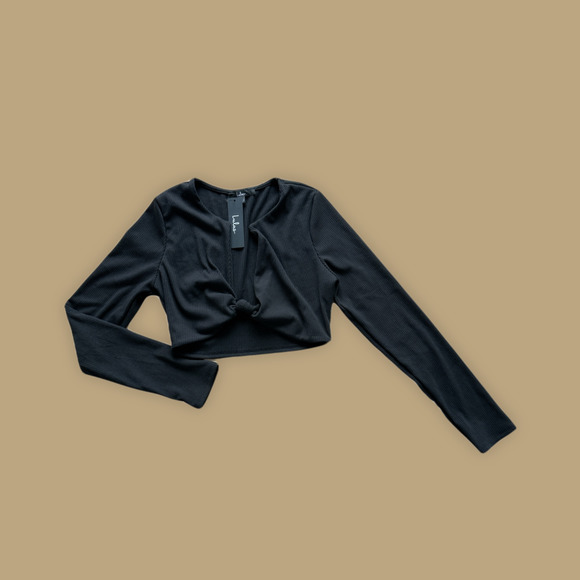 Lulus ribbed Perfectly Trendy Black Ribbed Knot-Front Long Sleeve Crop size M - Picture 2 of 7